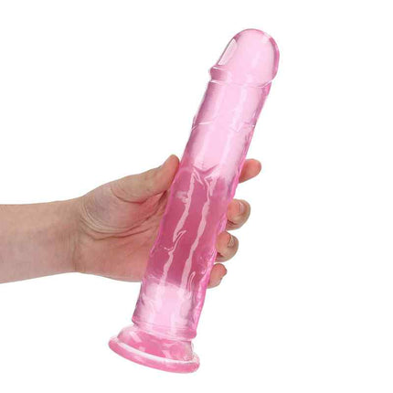 Hand Holding Pink REALROCK 10 Inch Suction Cup Dildo