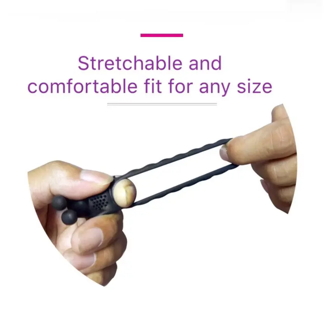 Hands Pulling Black Tongue Vibrating Rabbit Cock Ring showing stretchable and comfortable fit