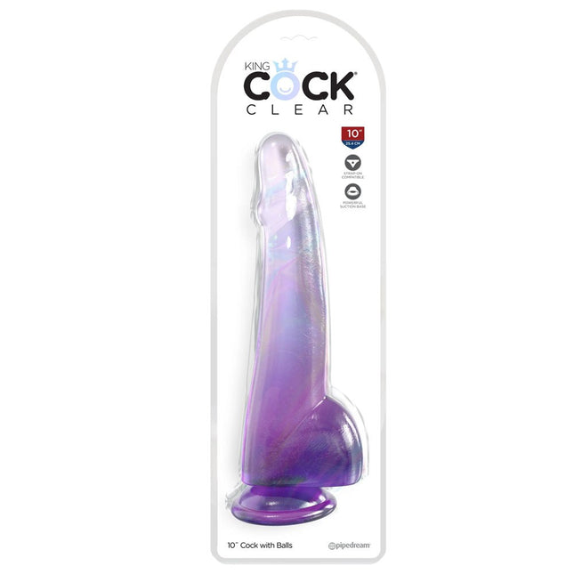 King Cock Clear 10'' Cock with Balls - Purple Box