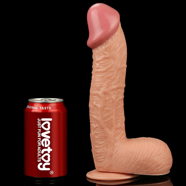 King Sized 10.5 Inch Realistic Dildo - Flesh next to a can of coke