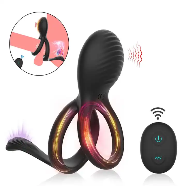 Luxury Black Double Cock Ring with Prostate Massager with Remote Control and Diagram of Penis Ring