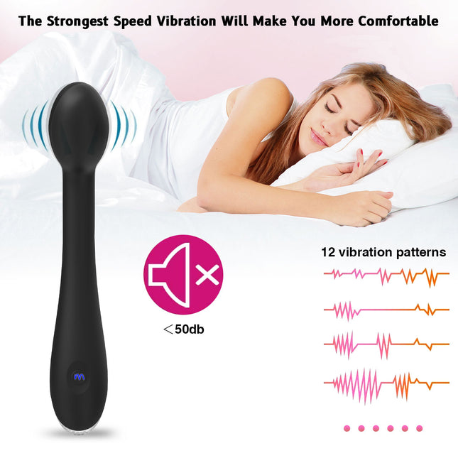 Luxury G Spot Vibration Massager with Women in bed with sex toy with 12 Vibrating Patters Diagram