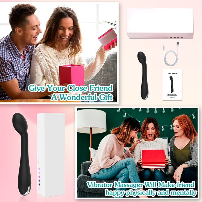 Black Luxury G Spot Vibration Massager with Couple Sex Toy Opening a pink box and group of 3 females sitting on a bench opening a red box sex toy