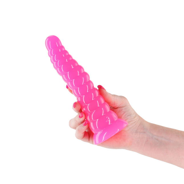 hand holding Firefly Nymph Glow in Dark Pink Dildo 18.8cm