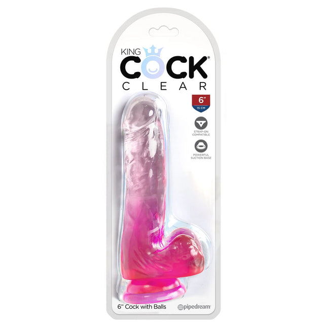 King Cock Clear 6'' Cock with Balls - Pink - Pink 15.2 cm Dong Box Only