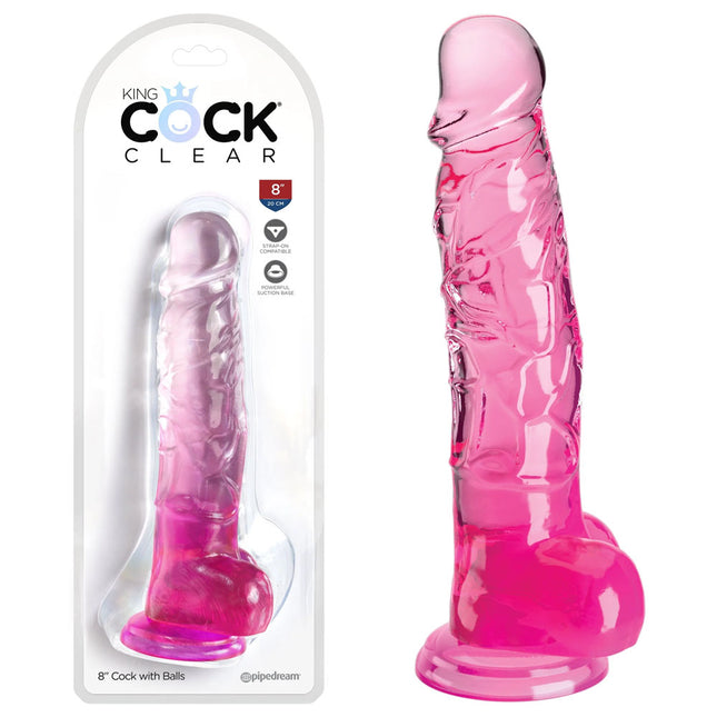 King Cock Clear 8 Inch Pink Dildo with Balls in a case saying pipedream