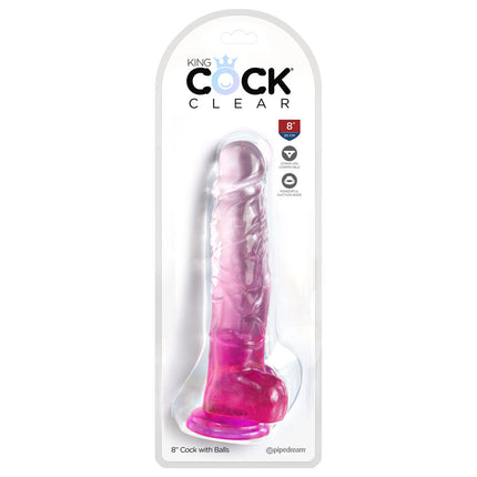 Case showing King Cock Clear 8 Inch Pink Dildo with Balls Pipedream