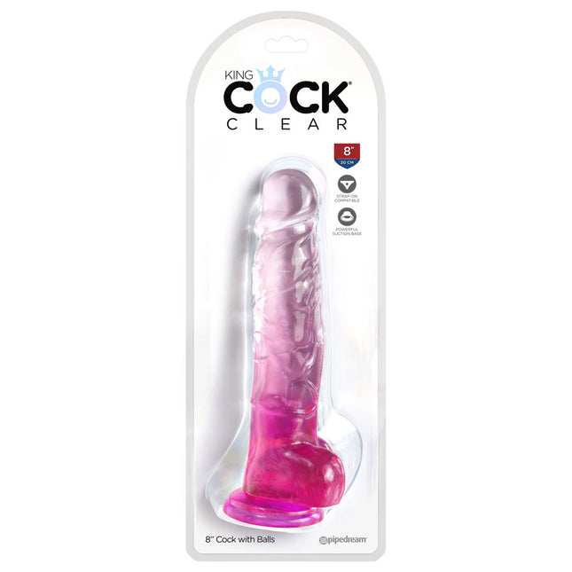 Case showing King Cock Clear 8 Inch Pink Dildo with Balls Pipedream