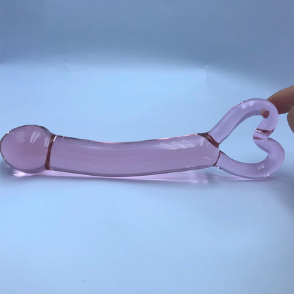 Pink Crystal Heart Wavy Glass Dildo 8 Inch Laying Flat