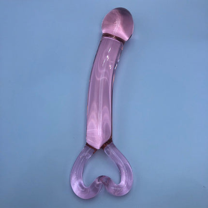 Pink Crystal Heart Wavy Glass Dildo 8 Inch Standing Tall