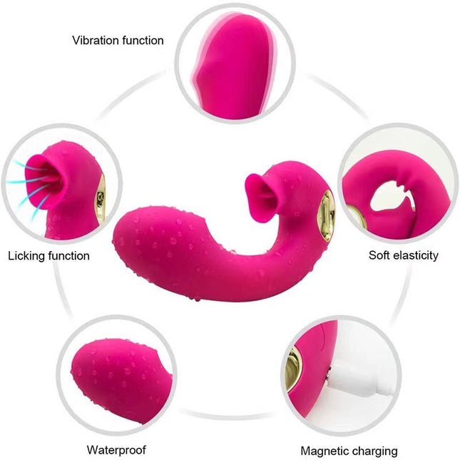 Pink G Spot Vibration Massager with Licking Design outlining features such as strong motor and soft elasticity