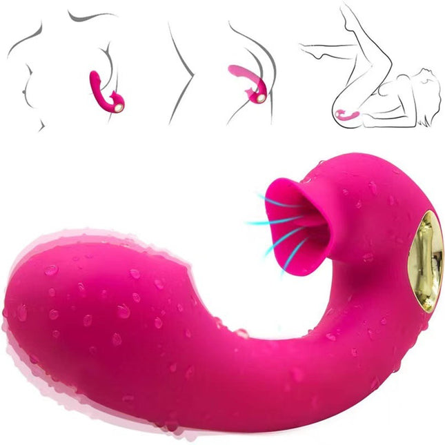 Pink G Spot Vibration Massager with Licking Design with Diagram of Female Using Sex Toy in Vagina