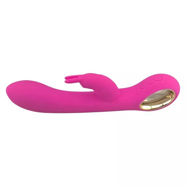 Pink Heating Rabbit Vibrator laying on side with Gold Handle