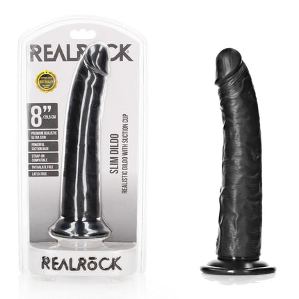 REALROCK Realistic Slim Dildo with Suction Cup - 20.5cm - Black 20.5 cm 8'' Dong with Case