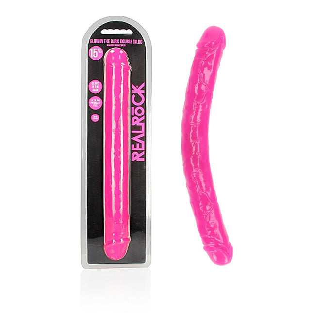 REALROCK 15 Inch Curved Double Ended Dildo - Pink inside a case 