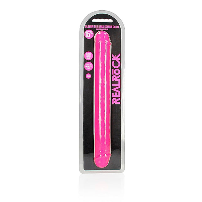 Case only of a REALROCK 15 Inch Curved Double Ended Dildo - Pink