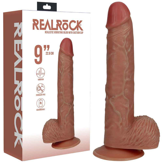 REALROCK 9 Inch Vibrating Dildo with Balls - Tan