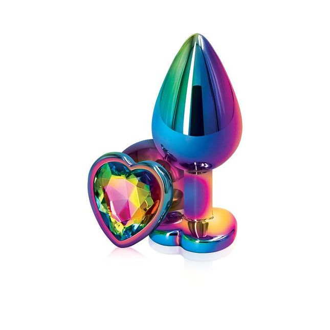 Rear Assets Multi Coloured Heart Butt Plug with rainbow gem