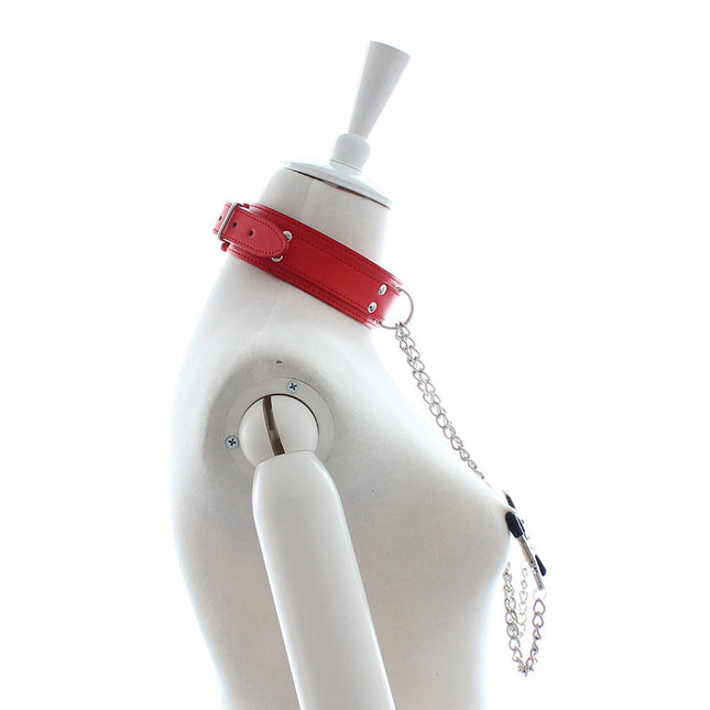 Red Leather Necklace Choker with Nipple Clamps on Manikan