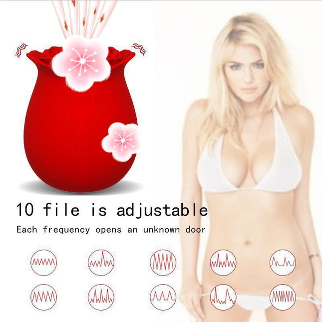 Red Rose Toy Clitoral Suction Vibrator with sexy blonde girl in bikini