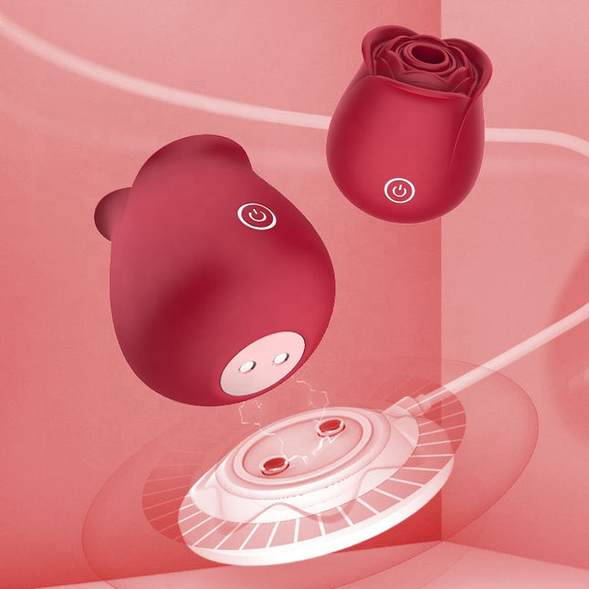 Red Strong Suction Rose Toy Vibrator showing charging connection device