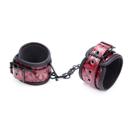 Red and Black Patterned Leather Handcuffs with Silver Chain