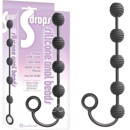 S-Drops Silicone Black Anal Beads with Case Front View