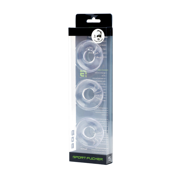 Sport Fucker Rubber Cockring 3 pack - Clear Front View