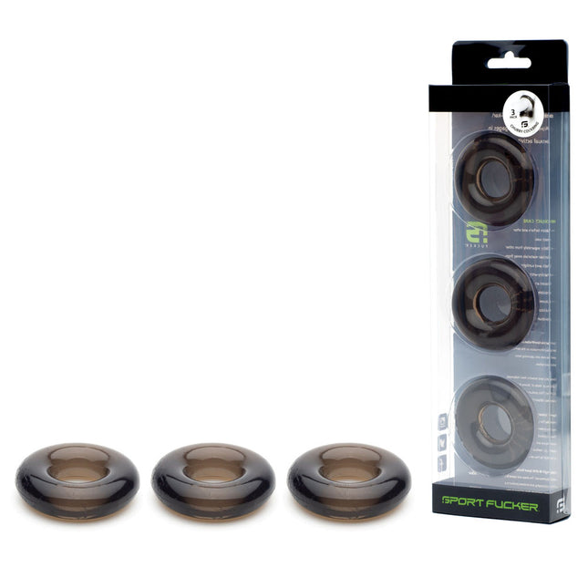 Sport Fucker Rubber Cock Ring 3 pack - Smoke plus Case Front View