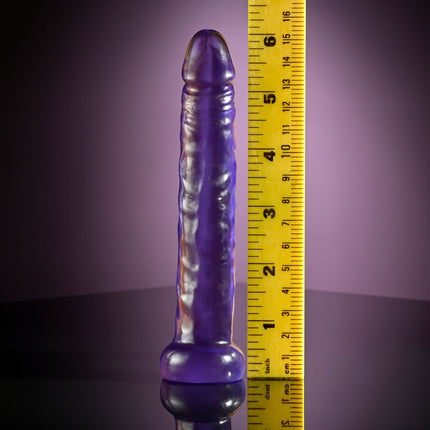 Ruler next to Selopa SLIMPLICITY 6 Inch Dildo - Purple Size Chart