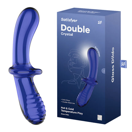 Satisfyer Double Crystal Glass Double Ended Dildo Blue with Box Side by side