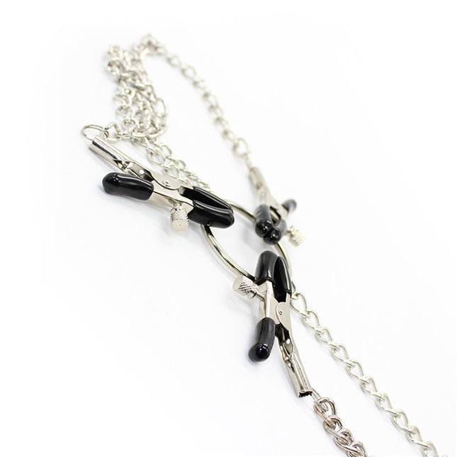 Side angle of three Way Nipple Clamps Restraints with Silver Chain