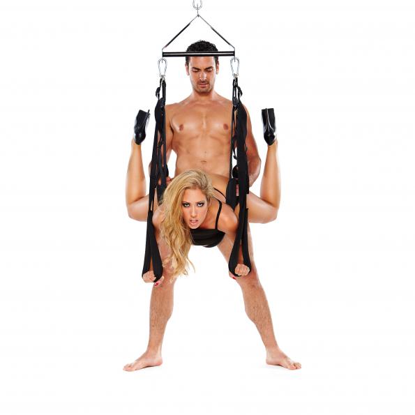 Couple using WhipSmart Pleasure Adjustable Sex Swing - Black in Doggy position