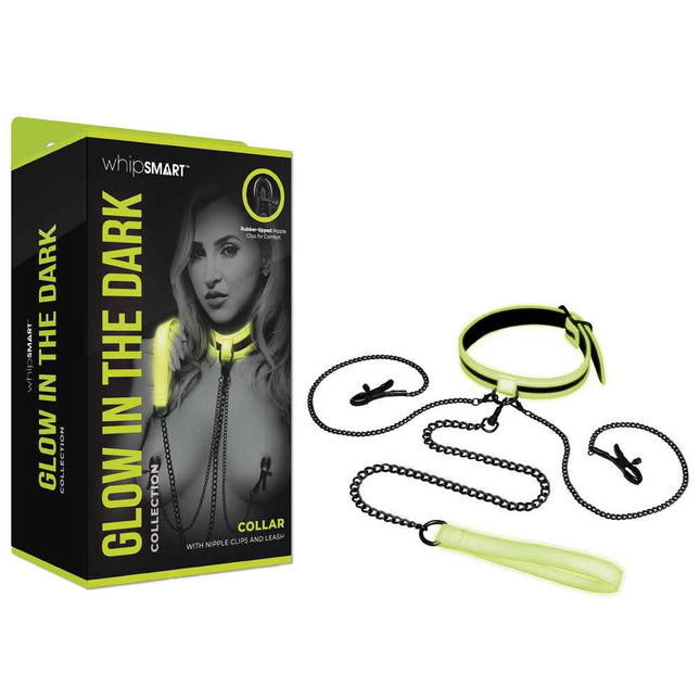 WhipSmart Glow In The Dark Collar with Nipple Clips & Leash & Box