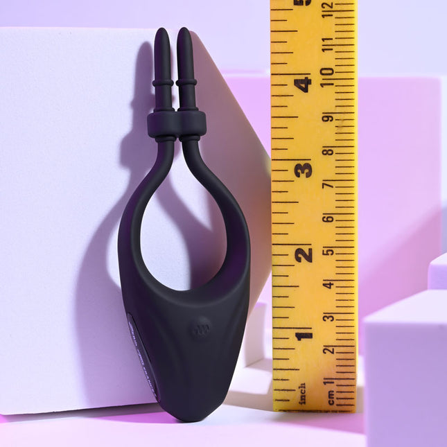 Ruler standing tall next to Zero Tolerance PERFECT FIT - Black Vibrating Lasso Cock Ring